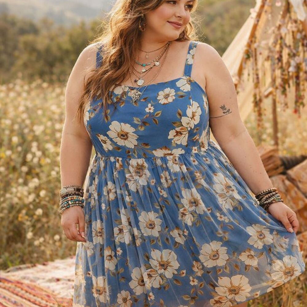 Floral Sundress Womens XXL Blue Boho Chiffon Overlay Smocked Back Flowy Dress